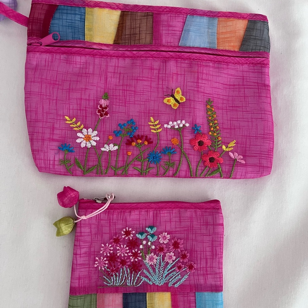 Vibrant Pink Floral Embroidered Pouch Set